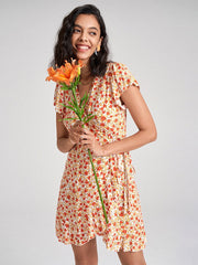 Floral Print Ruffle Short Sleeve Tie Waist Wrap V-neck Dress
