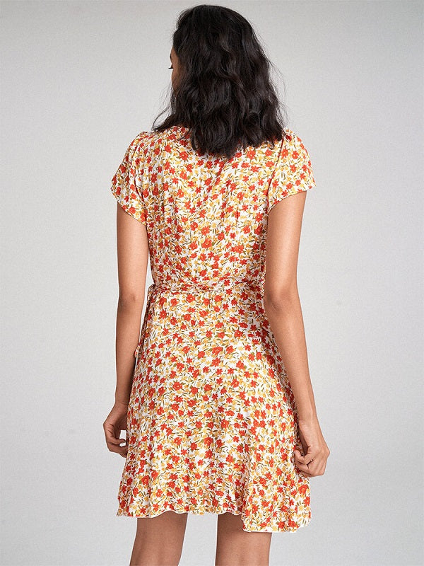 Floral Print Ruffle Short Sleeve Tie Waist Wrap V-neck Dress