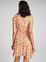 Floral Print Ruffle Short Sleeve Tie Waist Wrap V-neck Dress