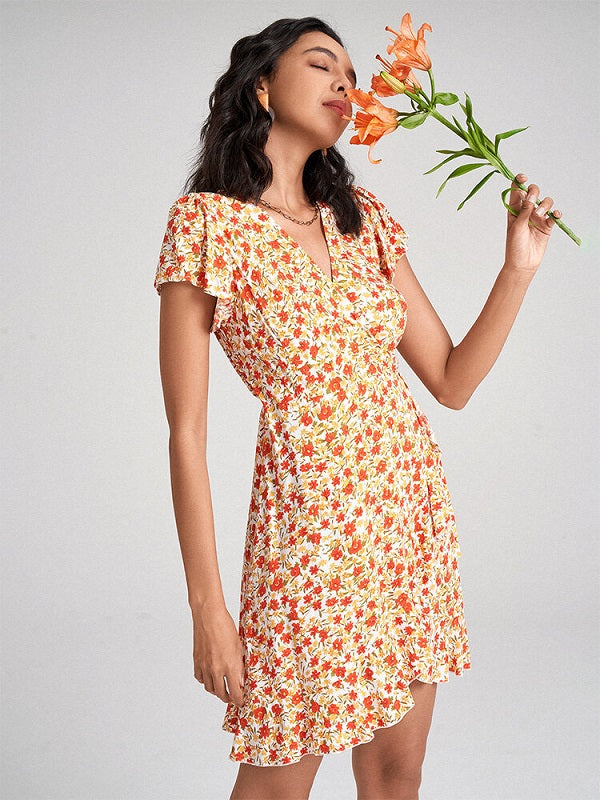 Floral Print Ruffle Short Sleeve Tie Waist Wrap V-neck Dress