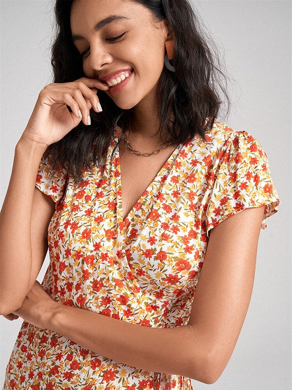 Floral Print Ruffle Short Sleeve Tie Waist Wrap V-neck Dress