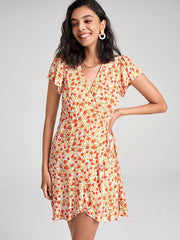 Floral Print Ruffle Short Sleeve Tie Waist Wrap V-neck Dress