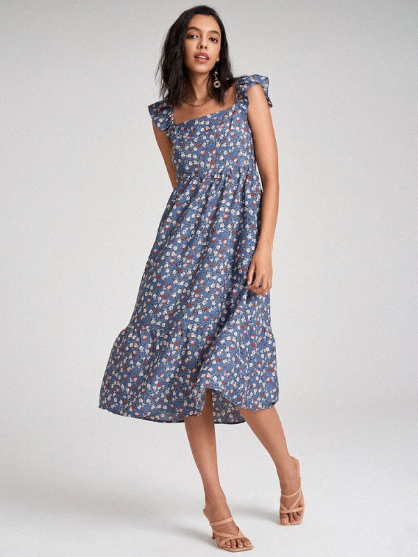 Floral Print Ruffle Sleeve Shirred Square Collar Midi Dress