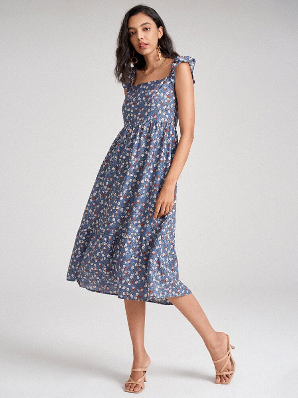 Floral Print Ruffle Sleeve Shirred Square Collar Midi Dress