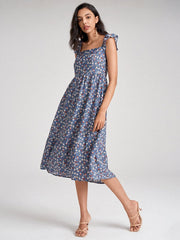 Floral Print Ruffle Sleeve Shirred Square Collar Midi Dress