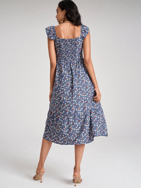 Floral Print Ruffle Sleeve Shirred Square Collar Midi Dress