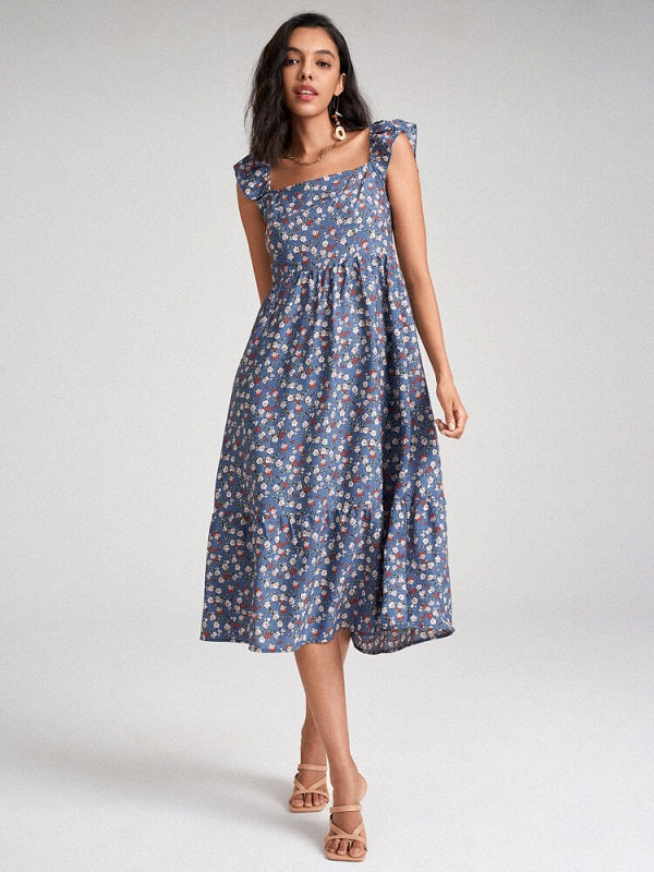 Floral Print Ruffle Sleeve Shirred Square Collar Midi Dress