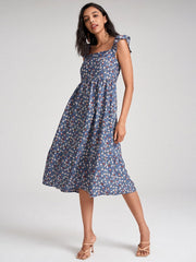 Floral Print Ruffle Sleeve Shirred Square Collar Midi Dress