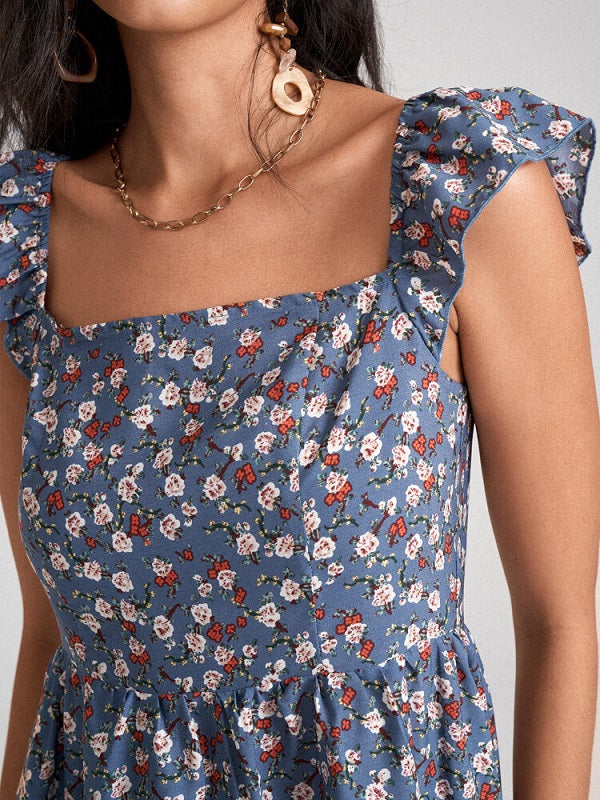 Floral Print Ruffle Sleeve Shirred Square Collar Midi Dress