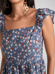 Floral Print Ruffle Sleeve Shirred Square Collar Midi Dress