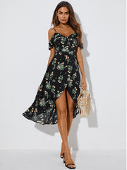 Floral Print Ruffle Slit Cold Shoulder Short Sleeves Dress