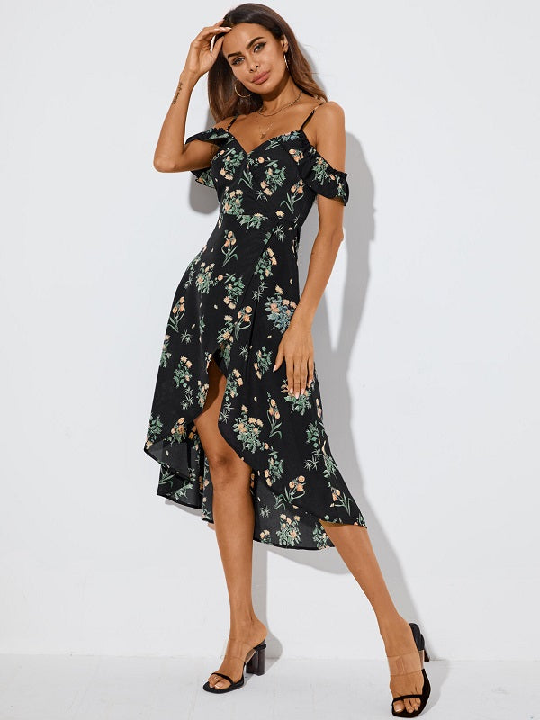Floral Print Ruffle Slit Cold Shoulder Short Sleeves Dress