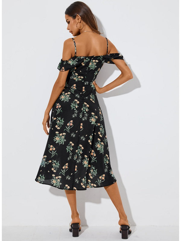 Floral Print Ruffle Slit Cold Shoulder Short Sleeves Dress