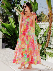 Elegant Floral Print Shirred Backless Daily Casual Maxi Slip Dress