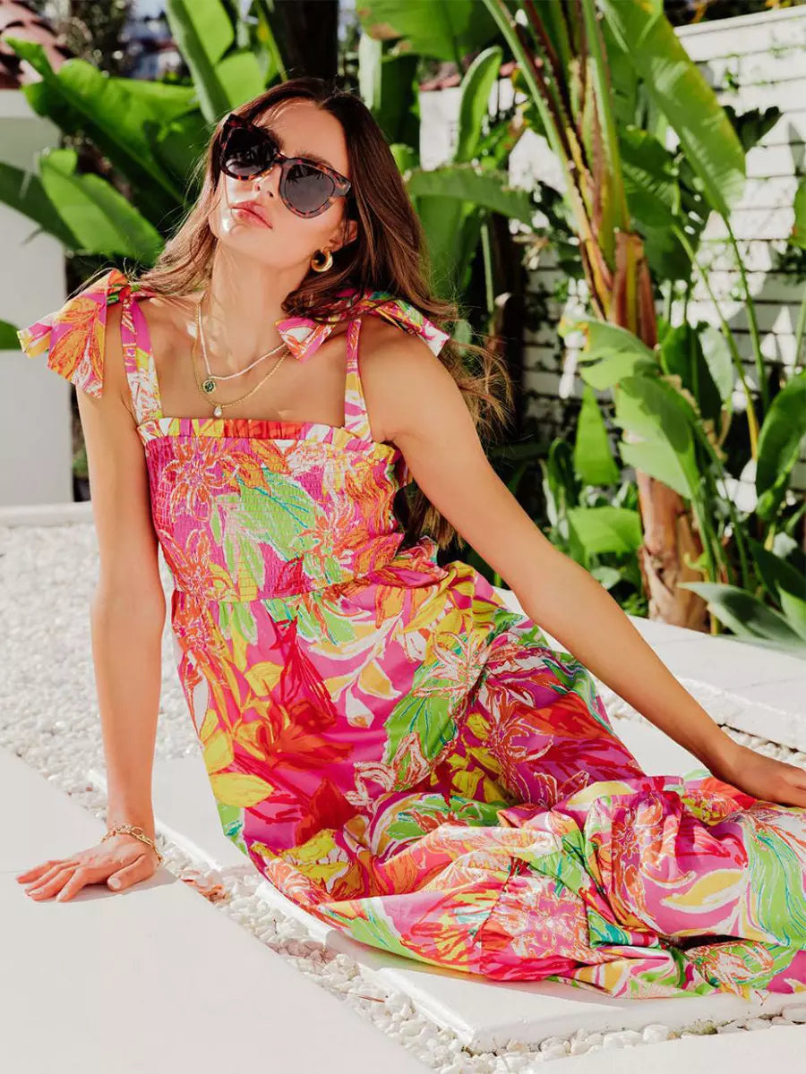 Elegant Floral Print Shirred Backless Daily Casual Maxi Slip Dress