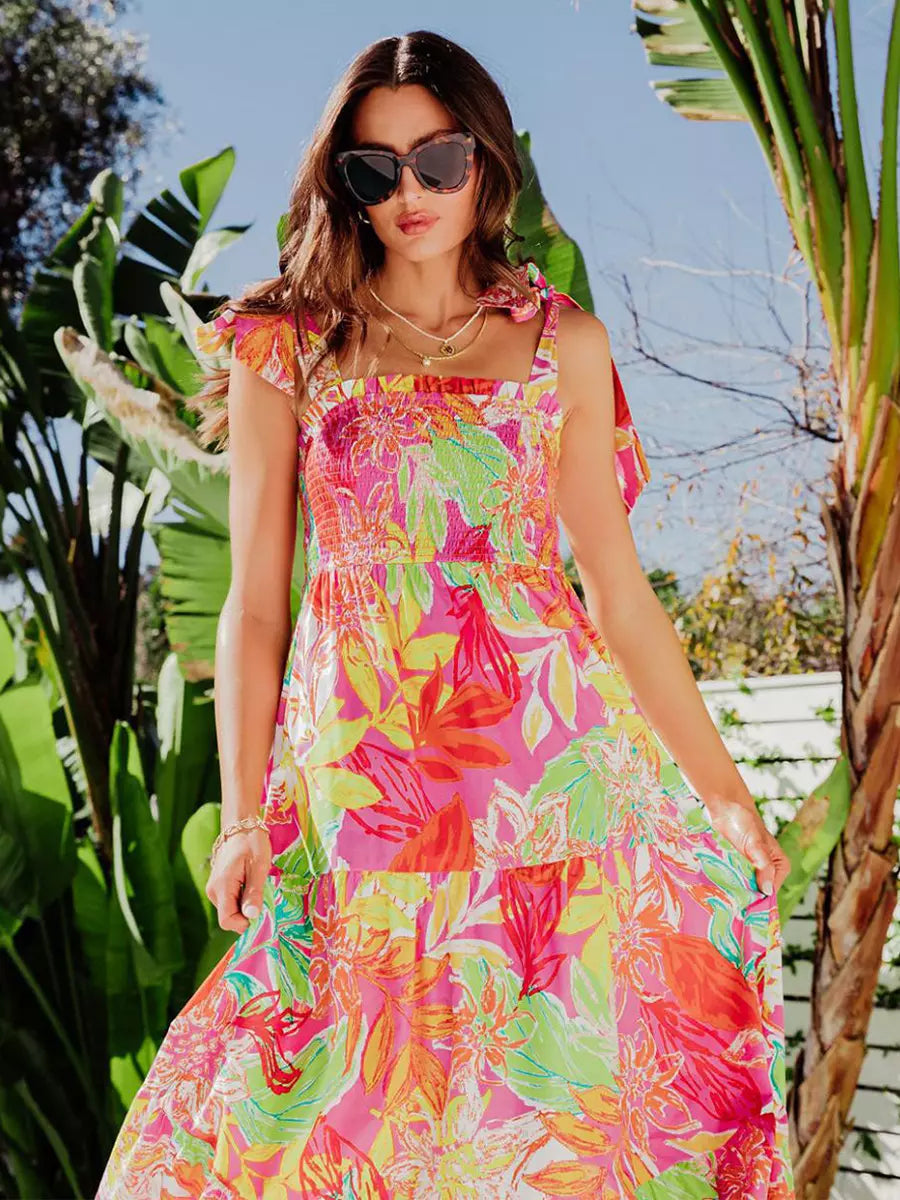 Elegant Floral Print Shirred Backless Daily Casual Maxi Slip Dress