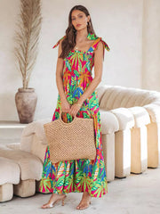 Floral Print Shirred Backless Resort Wear Maxi Slip Dress