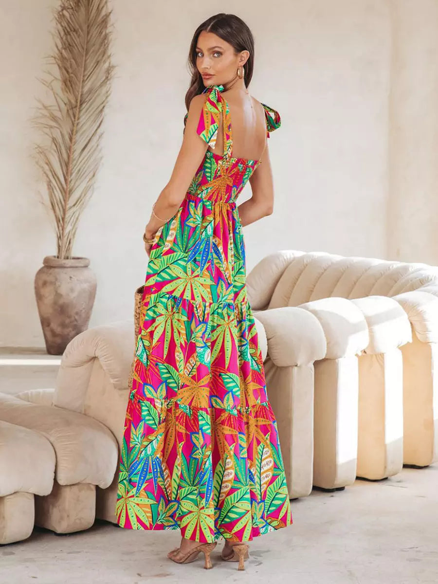 Floral Print Shirred Backless Resort Wear Maxi Slip Dress
