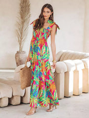 Floral Print Shirred Backless Resort Wear Maxi Slip Dress