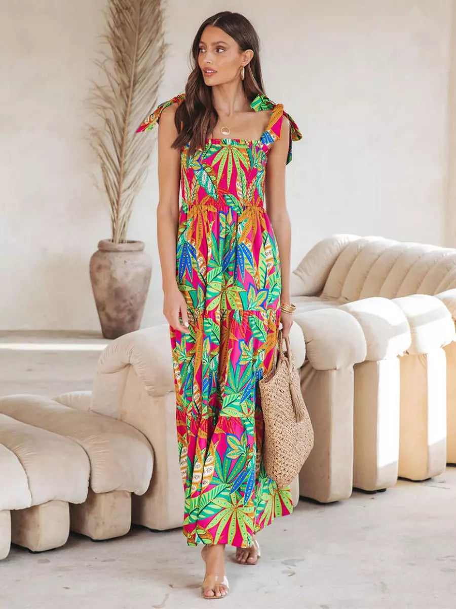Floral Print Shirred Backless Resort Wear Maxi Slip Dress