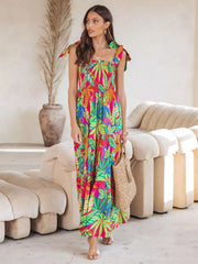 Floral Print Shirred Backless Resort Wear Maxi Slip Dress