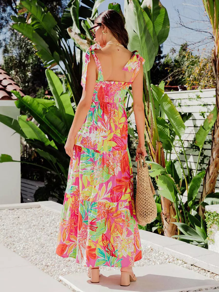 Elegant Floral Print Shirred Backless Daily Casual Maxi Slip Dress