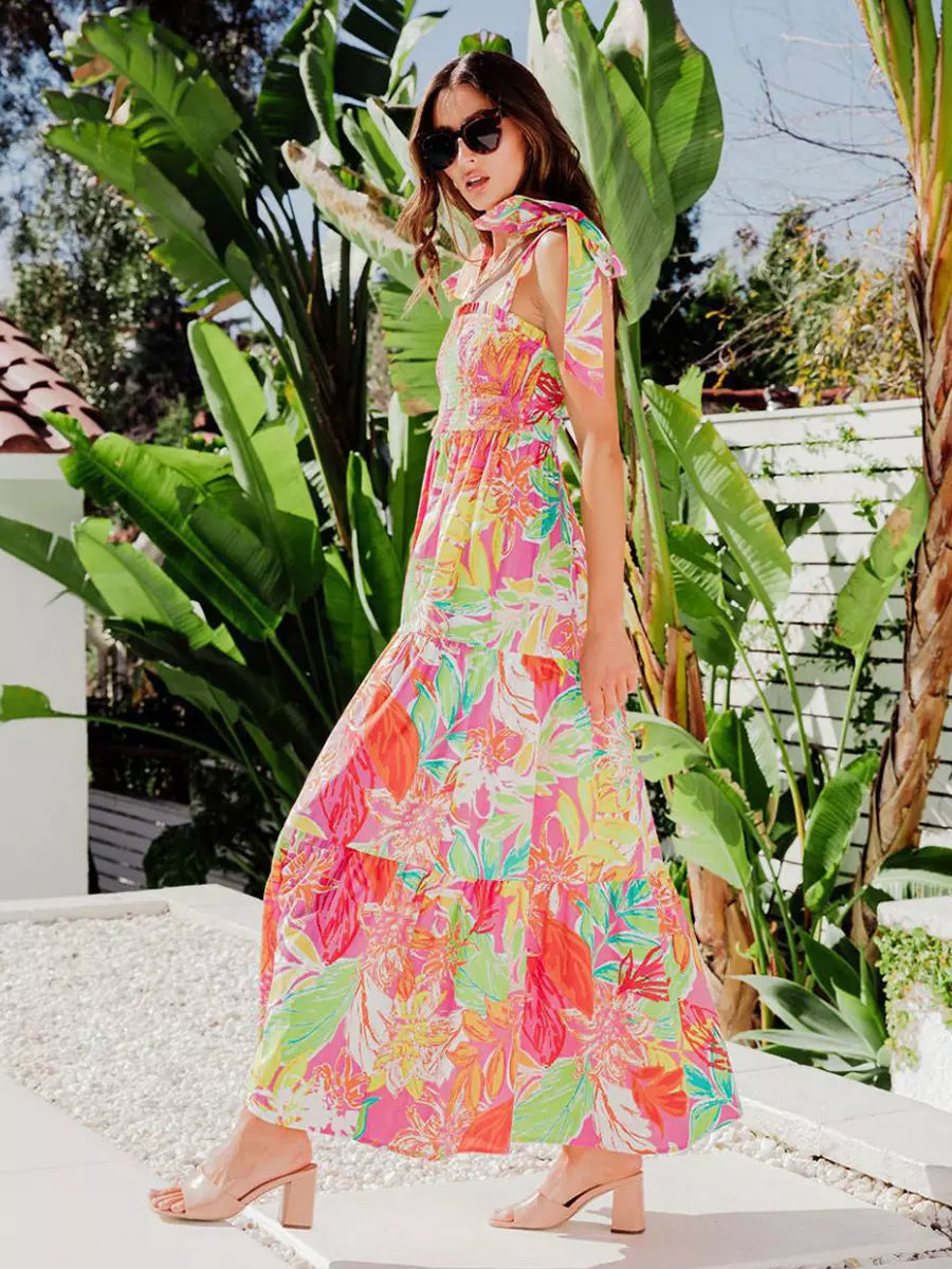 Elegant Floral Print Shirred Backless Daily Casual Maxi Slip Dress