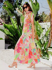 Elegant Floral Print Shirred Backless Daily Casual Maxi Slip Dress