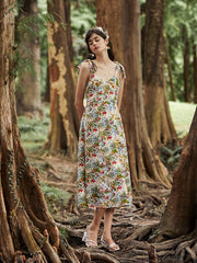 Floral Print Shirred Open Back Tie Shoulder Strap Dress