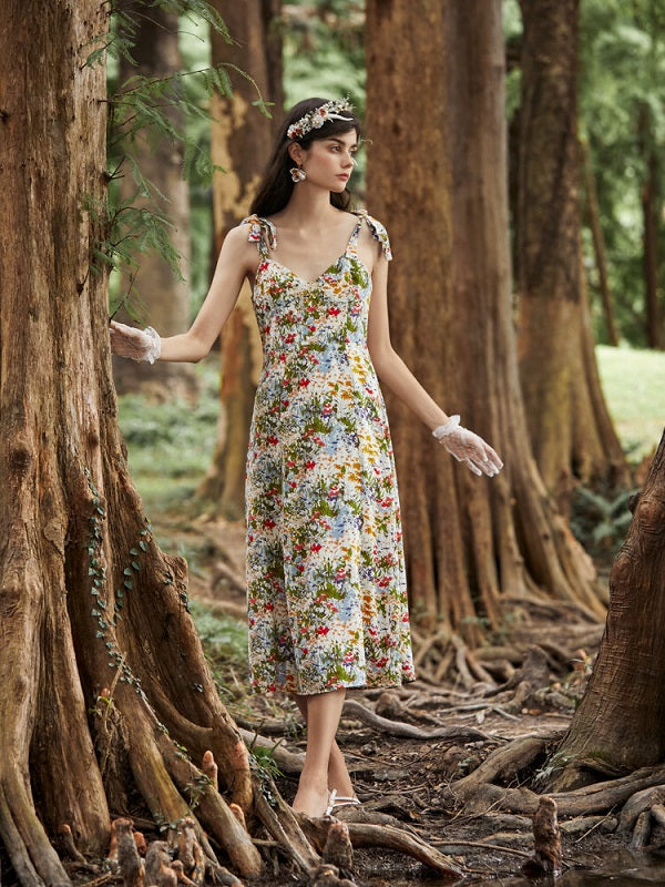 Floral Print Shirred Open Back Tie Shoulder Strap Dress