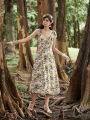 Floral Print Shirred Open Back Tie Shoulder Strap Dress