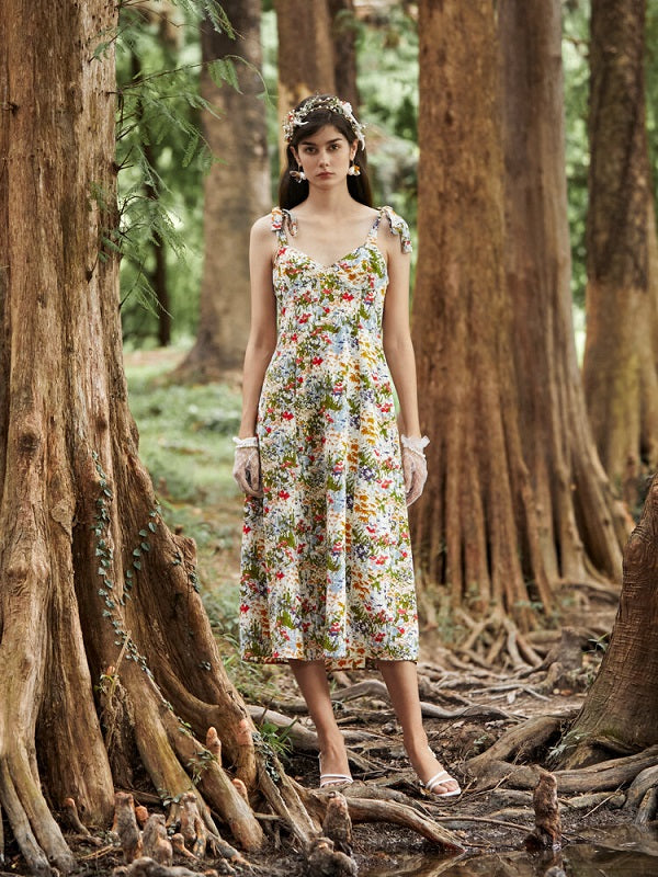 Floral Print Shirred Open Back Tie Shoulder Strap Dress