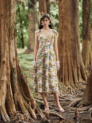 Floral Print Shirred Open Back Tie Shoulder Strap Dress