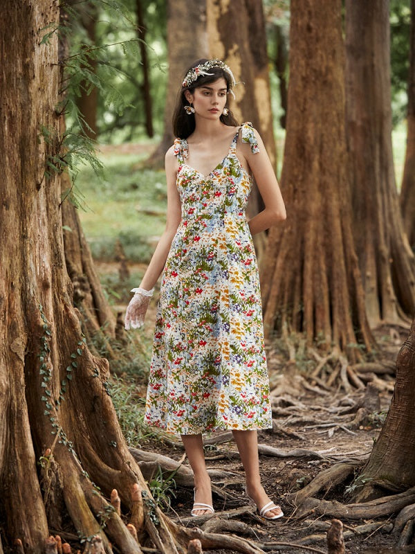 Floral Print Shirred Open Back Tie Shoulder Strap Dress