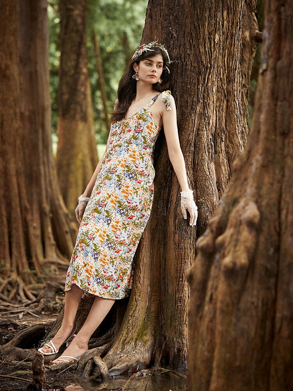 Floral Print Shirred Open Back Tie Shoulder Strap Dress