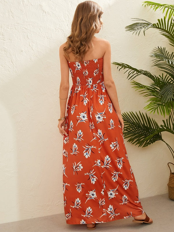 Floral Print Shirring Backless Design Strapless Tube Maxi Dress