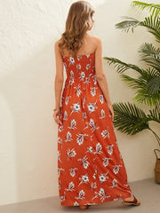 Floral Print Shirring Backless Design Strapless Tube Maxi Dress