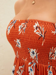 Floral Print Shirring Backless Design Strapless Tube Maxi Dress