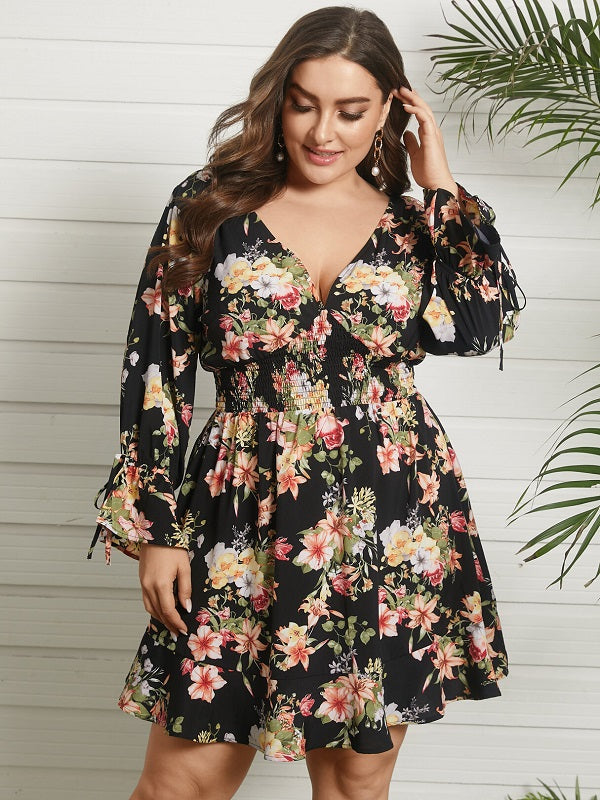 Floral Print Shirring Tie-up Long Sleeve Dress