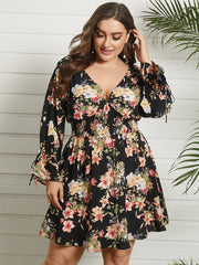 Floral Print Shirring Tie-up Long Sleeve Dress