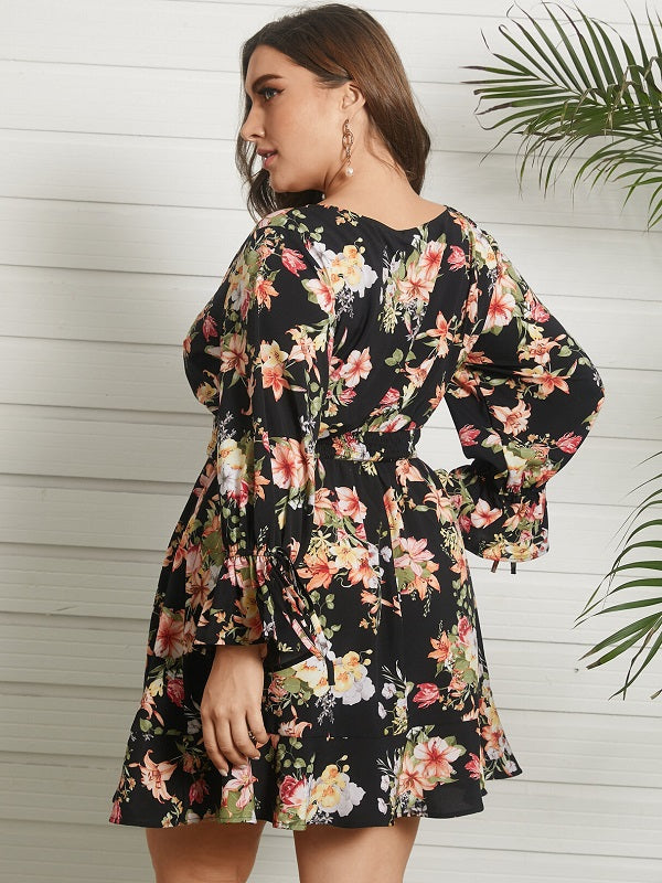 Floral Print Shirring Tie-up Long Sleeve Dress