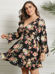 Floral Print Shirring Tie-up Long Sleeve Dress