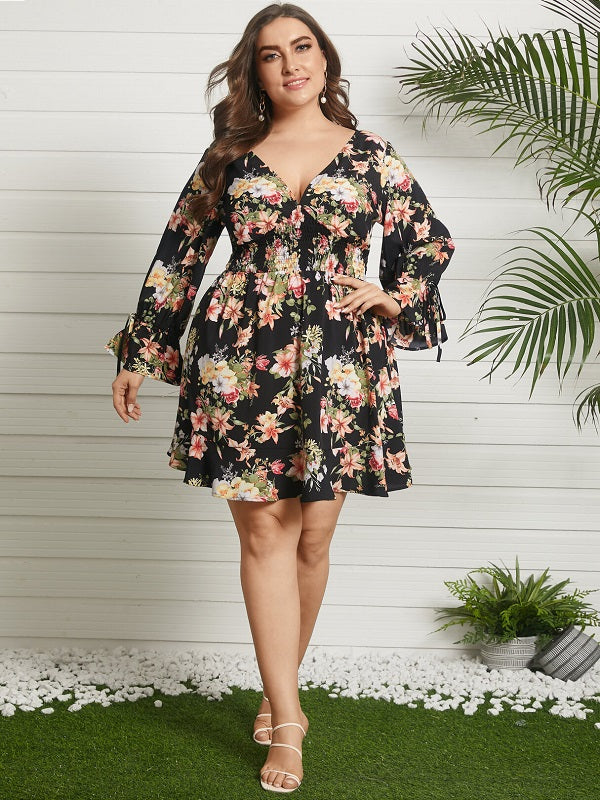 Floral Print Shirring Tie-up Long Sleeve Dress