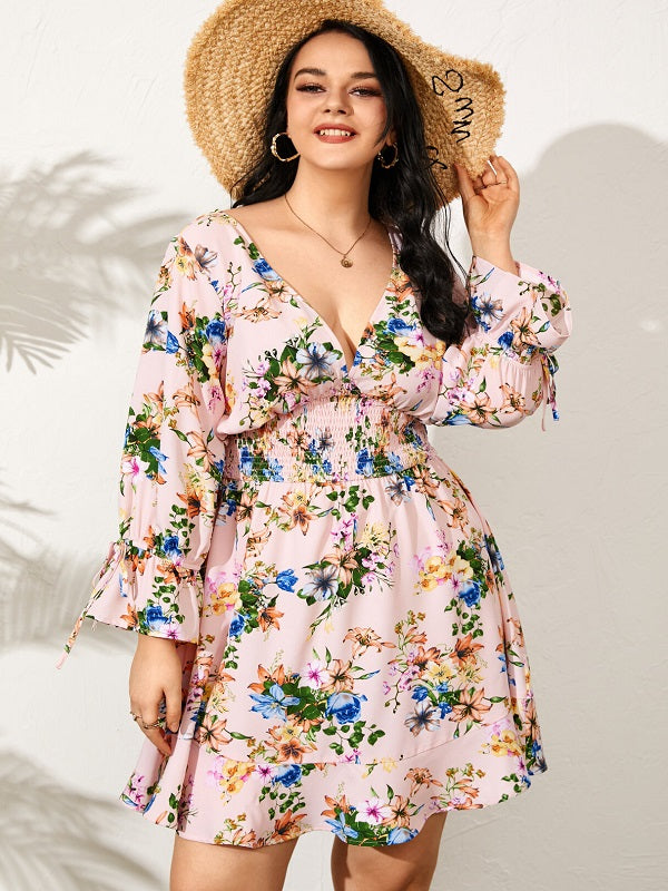 Floral Print Shirring Tie-up Long Sleeve Dress