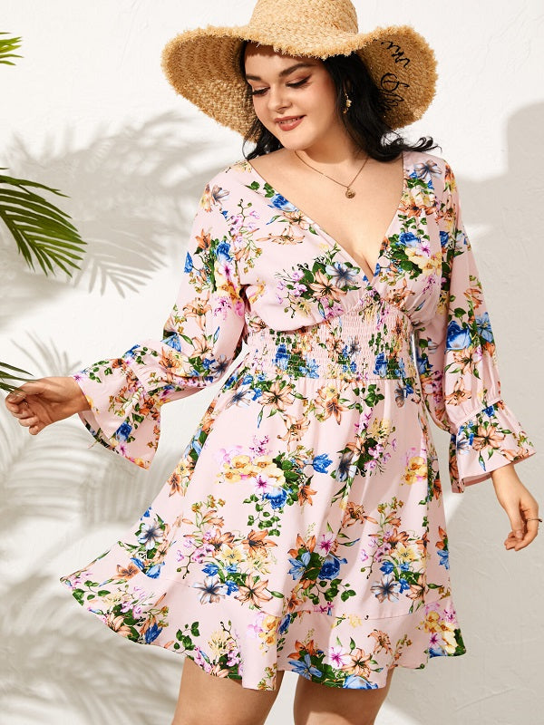 Floral Print Shirring Tie-up Long Sleeve Dress