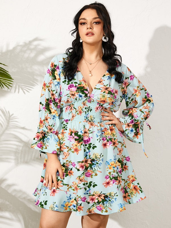 Floral Print Shirring Tie-up Long Sleeve Dress
