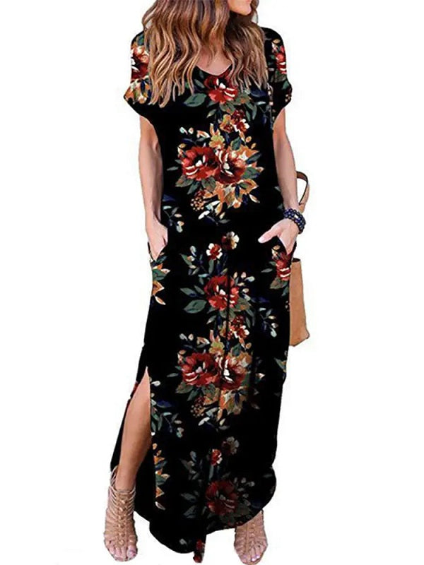 Floral Print Short Sleeve O-Neck Side Pockets Dress