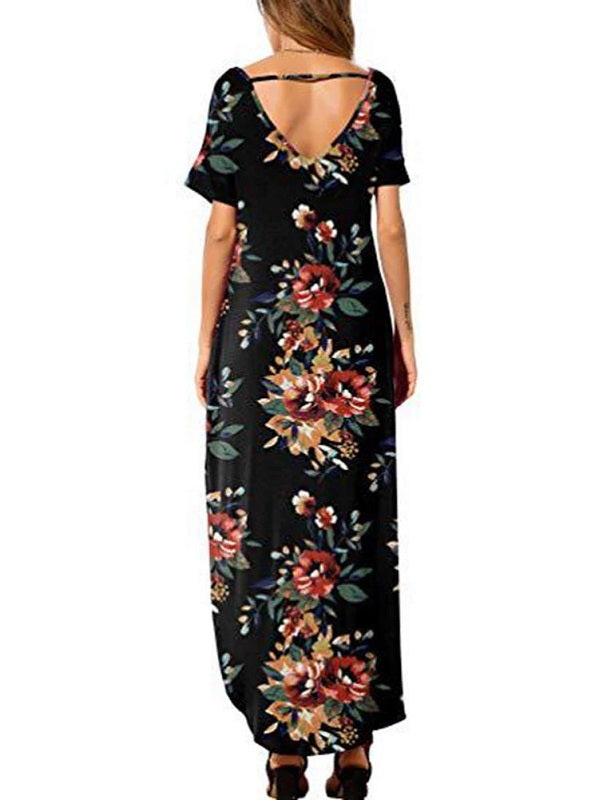 Floral Print Short Sleeve O-Neck Side Pockets Dress