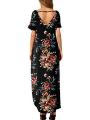Floral Print Short Sleeve O-Neck Side Pockets Dress