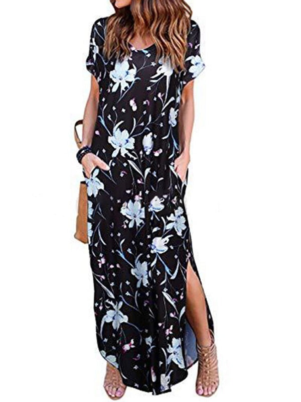 Floral Print Short Sleeve O-Neck Side Pockets Dress